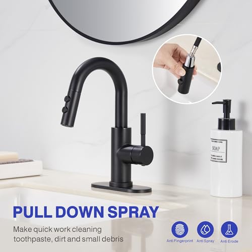Bathroom Faucet with Sprayer, Matte Black Single Hole with Pop-Up Drain | Kablle Single Handle Pull Out 1 or 3 Hole Laundry Bar Basin Faucet with Deck Plate, KBL-7002B-CL - color: Matte Black