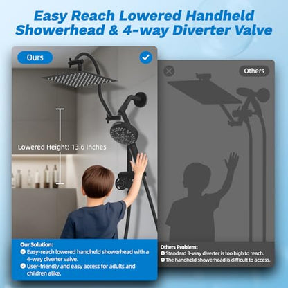 Hibbent High Pressue All Metal 8" Rainfall Shower Head, Handheld 10-Spray | cUPC Certified Matte Black Dual Showerhead Combo, 4-way Diverter with Pause Mode, Brass Extension Arm, 71'' Hose & Holder - color: Matte Black, style: Square 8"