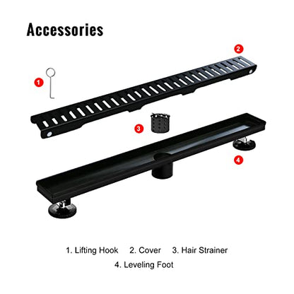 SaniteModar Linear Shower Drain 48 inch Matte Black - Capsule Pattern Grate | AISI 304 Stainless Steel Matte Black Linear Dain Rectangle Shower Floor Drain with Hair Strainer and Leveling Feet - size: 48 inch