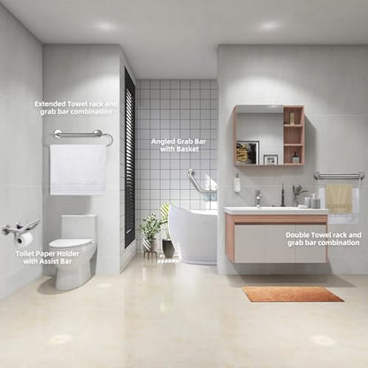 FSA Eligible, Upgrade 16 inch Angled Grab Bar with Storage Basket, Handicap Grab Bar for Elderly, Stainless Steel, Grab Bars for Shower, Bathroom Mobility Aid, Heavy Duty 550lbs Support