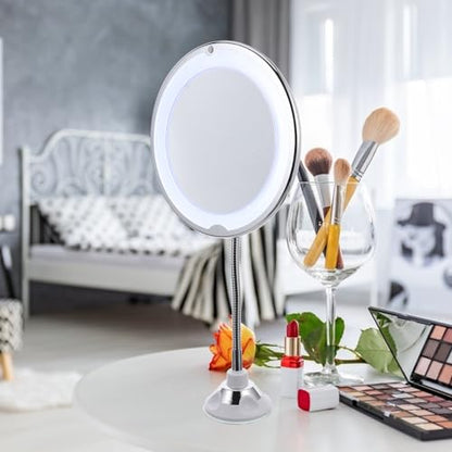 Rotating 360° LED Magnifying Makeup Mirror with 10x Suction Cup Vanity Mirror for Bathroom and Travel