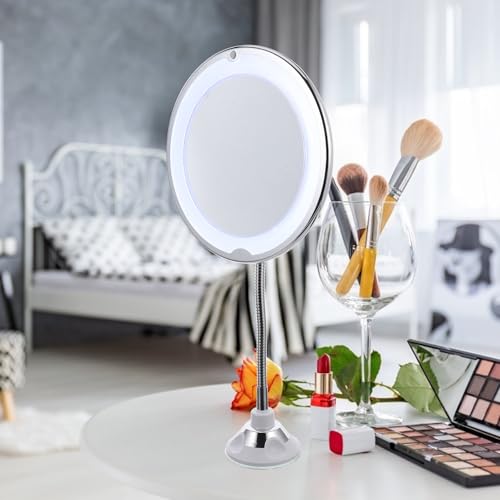 FRCOLOR Rotating 360° Makeup Mirror with Suction Cup 10x Magnifying Vanity Mirror LED Lighted Cosmetic for Bathroom and Travel Use