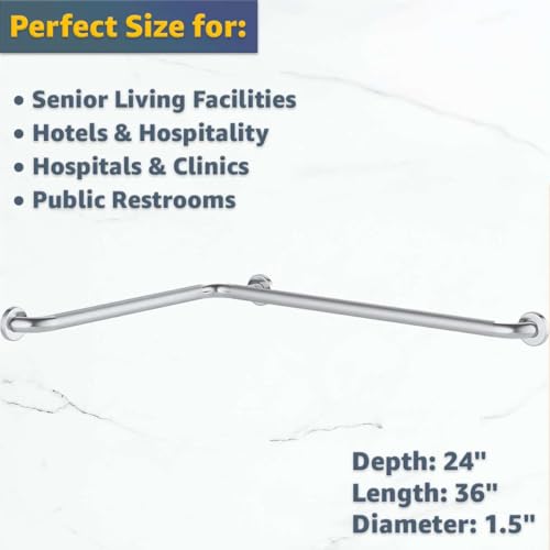 24" x 36" Satin Corner Grab Bar with Peened Grip - Two-Wall Mounted Stainless Steel Restroom Safety Rail, 1.5" Diameter, 250 lb. Capacity, Bathroom Support for Public & Commercial Use - size: 24" x 36"