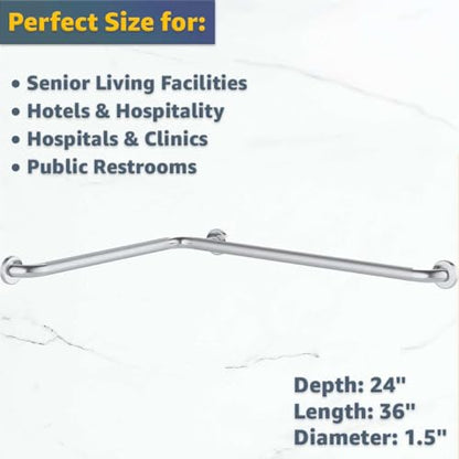 24" x 36" Satin Corner Grab Bar with Peened Grip - Two-Wall Mounted Stainless Steel Restroom Safety Rail, 1.5" Diameter, 250 lb. Capacity, Bathroom Support for Public & Commercial Use - size: 24" x 36"