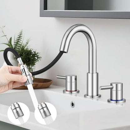 8 Inch Pull Down Bathroom Faucet 3 Hole,Chrome Bathroom Sink Faucet | Stainless Steel,Pull Down Sprayer,Chrome,3 hole Widespread,with Pop-up Drain,Water Supply Hoses,Two Water Flow Modes - color: A-Chrome