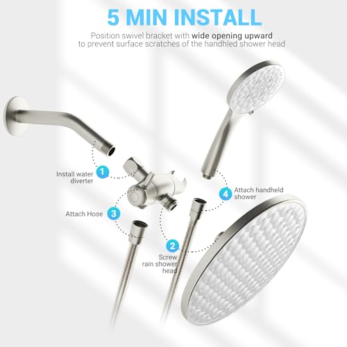 Dual Shower Head with Handheld Combo, 8.6" Rainfall Showerhead | 6 Settings Handheld Shower Head with Hose, Dual Shower System for Full Body Coverage and Easy Installation(Brushed Nickel) - color: Brushed Nickel