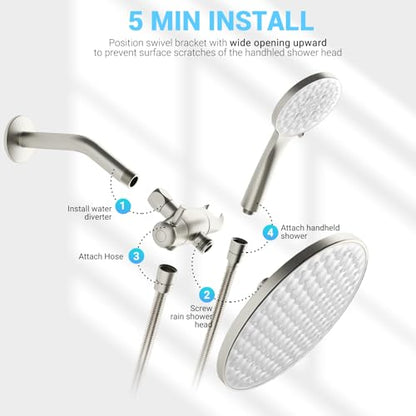 Dual Shower Head with Handheld Combo, 8.6" Rainfall Showerhead | 6 Settings Handheld Shower Head with Hose, Dual Shower System for Full Body Coverage and Easy Installation(Brushed Nickel) - color: Brushed Nickel