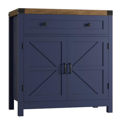 HOSTACK Kitchen Storage Cabinet, Farmhouse Coffee Bar Cabinet, Blue/Brown | Small Buffet Cabinet with Doors & Wide Drawer, Wood Sideboard Buffet, Entry Table w/ Adjustable Shelf for Dining Living Room - color: Blue / Rustic Brown