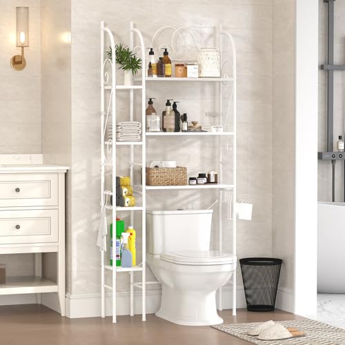 7-Tier Over the Toilet Storage Rack, Heavy-Duty Metal Bathroom Organizer with Adjustable Shelf, Toilet Paper Holder & Side Hooks, Space Saver for Small Bathrooms, Laundry Room & Apartments, White
