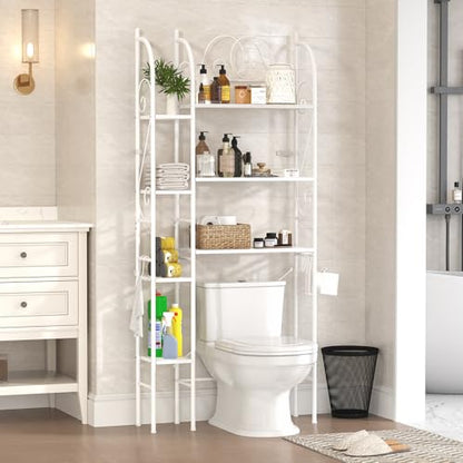 7-Tier Over the Toilet Storage Rack, Heavy-Duty Metal Bathroom Organizer with Adjustable Shelf, Toilet Paper Holder & Side Hooks, Space Saver for Small Bathrooms, Laundry Room & Apartments, White