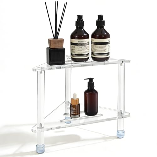 14.3''H Acrylic Corner Shower Stool for Shaving Legs | Clear Waterproof Foot Rest with Storage Shelf, Triangle Bench for Inside Small Spaces & Bath Supplies