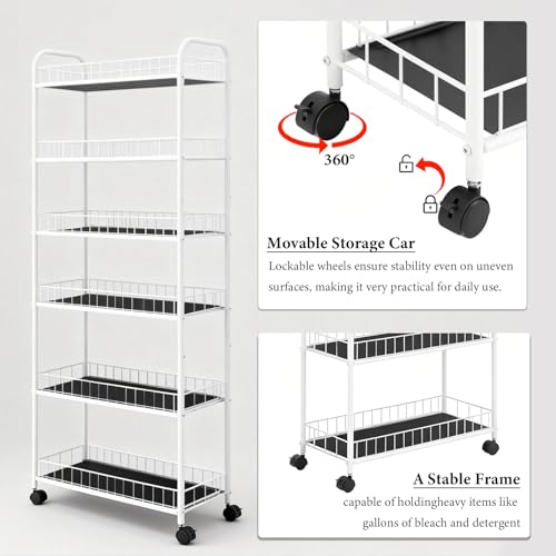 10in Slim Storage Cart, Metal 6-Tier Narrow Rolling Shelf, Sturdy Slim Storage with Hooks Ideal for Kitchen, Bathroom, and Laundry Room (10in White) - size: 10in White