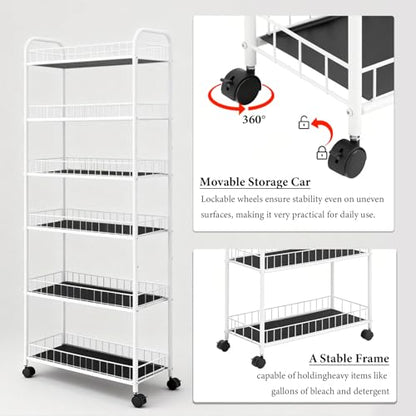 10in Slim Storage Cart, Metal 6-Tier Narrow Rolling Shelf, Sturdy Slim Storage with Hooks Ideal for Kitchen, Bathroom, and Laundry Room (10in White) - size: 10in White