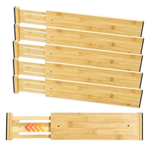 Joyeee Kitchen Drawer Dividers 6 Pack, 16.9-22.1" Adjustable Bamboo Drawer Organizer, 3.86" High Expandable Utensils Separators for Closet, Dresser, Bathroom, Bedroom, Office
