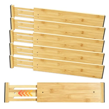 Joyeee Kitchen Drawer Dividers 6 Pack, 16.9-22.1" Adjustable Bamboo Drawer Organizer, 3.86" High Expandable Utensils Separators for Closet, Dresser, Bathroom, Bedroom, Office