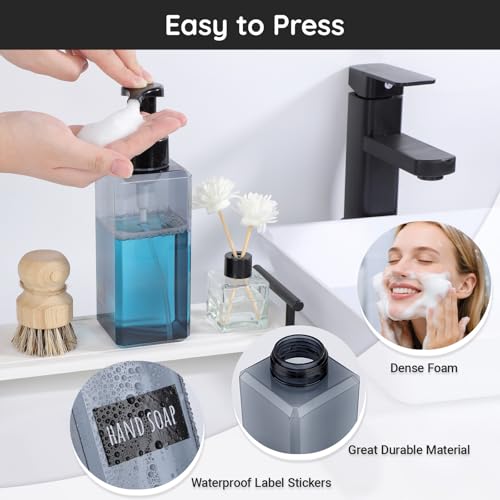 Segbeauty Empty Foam Bottle for Kitchen 22oz, 2pcs Plastic Foaming Soap Dispenser Bathroom, 650ml Gray Square Foam Pump Bottle with Label Stickers, Refillable Foaming Hand Soap Dispenser Large - color: Gray, style: 2pcs 22oz