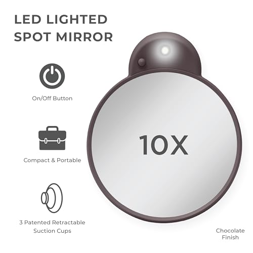 Zadro Magnification Lighted Compact Mirror with LED Light & Retractable Suction Cups – Travel Makeup Mirror, Cool White 6400K Lighting, Battery Operated, Made in USA (Chocolate, 10X | 4.3"L x 3.5"W) - color: Chocolate