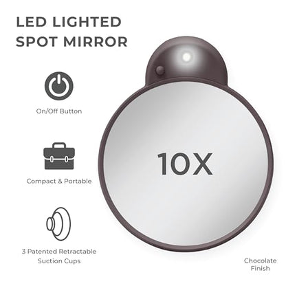 Zadro Magnification Lighted Compact Mirror with LED Light & Retractable Suction Cups – Travel Makeup Mirror, Cool White 6400K Lighting, Battery Operated, Made in USA (Chocolate, 10X | 4.3"L x 3.5"W) - color: Chocolate