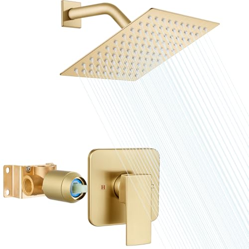 Heyalan 8 Inch Square Rain Shower Faucet Set with Valve, Brushed Gold | Female-thread 1/2-inch NPT connections, SUS304 shower head, brass rough-in valve, single-handle control Shower Set - color: Gold, size: 8 Inch Square Shower Head
