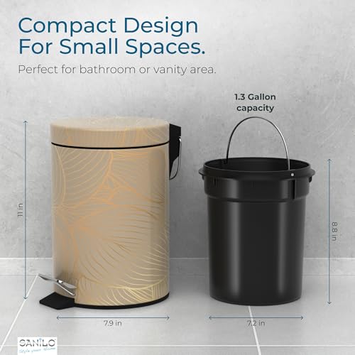Sanilo Small Bathroom Trash Can with Lid [1.3 Gallon] - Lidded Tiny Trashcan for Garbage - Mini Metal Bin with Soft Closing Mechanism - Bath Room Accessoire Wastebin with Inner Bucket (Hosta) - color: Hosta