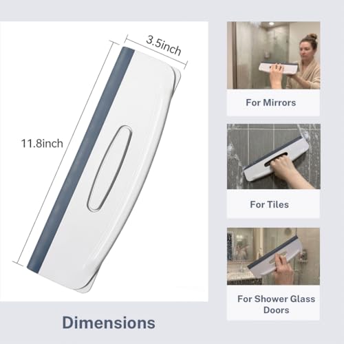 2-in-1 Shower Squeegee and Magnetic Shower Curtain Clips, All-in-One Silicone Squeegee for Glass Door with Splash Guard Clips, No-Drill Adhesive Water Guard for Bathroom, Gray/White, Pack of 2
