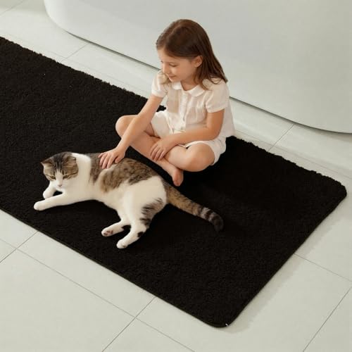 TYUU Bathroom Runner Rug, Ultra Soft Long Bath Mat Machine Washable Super Absorbent Quick Dry Bathroom Runner Rugs 24 x 60 Non Slip, Black 24" x 60" - color: Black, size: 24" x 60"