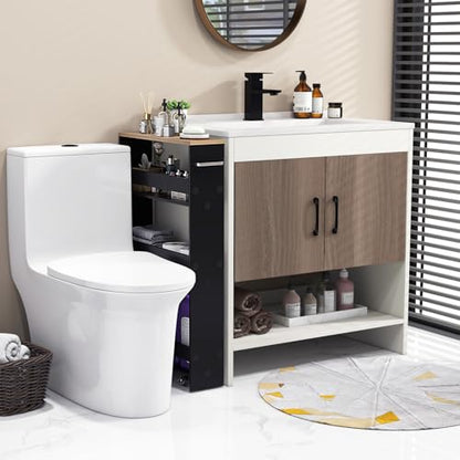 COSTWAY Slim Rolling Storage Cart, 4-Tier Rolling Utility Cart, Wood Kitchen Storage Cart with Handle & Wheels, Narrow Rolling Shelving Unit for Kitchen Bathroom Laundry Small Places (Dark) - color: Dark