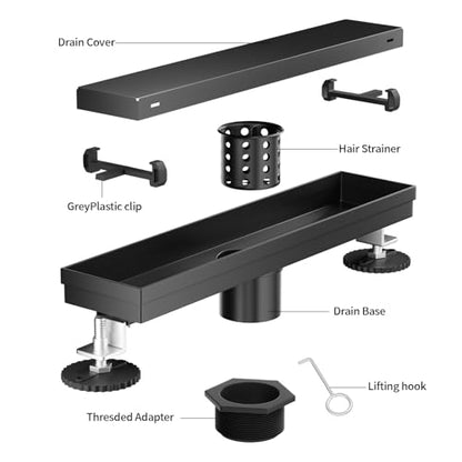 Linear Shower Drain, 304 Stainless Steel with Adjustable Leveling Feet, Hair Strainer,Reversely Install Place to Create an Invisible Floor Drain - Black -24-Inch - color: Matte Black, size: 24inch
