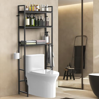 Over The Toilet Storage 3 Tier Over Toilet Bathroom Organizer | Over the Toilet Storage Cabinet, Freestanding Above Toilet Stand, with Paper Holder and 4 Hooks, Space-Saving, Black - color: Black