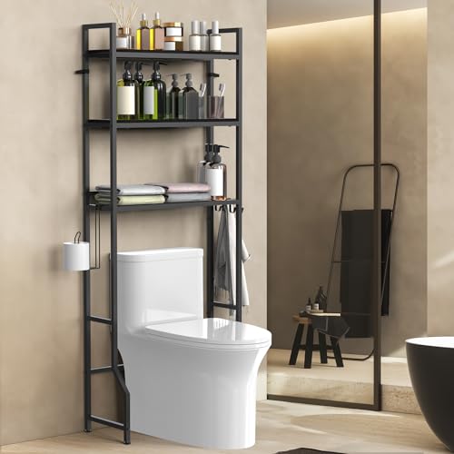 Over The Toilet Storage 3 Tier Over Toilet Bathroom Organizer | Over the Toilet Storage Cabinet, Freestanding Above Toilet Stand, with Paper Holder and 4 Hooks, Space-Saving, Black - color: Black