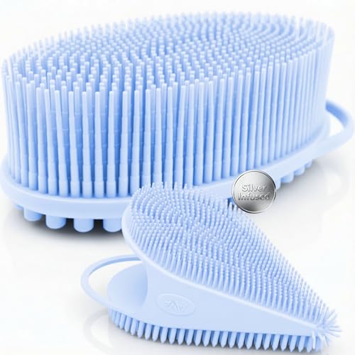 Avilana Silicone Body Scrubber for Shower – SGS Certified Food Grade Dual Sided Bath Brush, Gentle Exfoliating Silicone Loofah Alternative, Sensitive Skin Body Brush (Blue-Silver, Body & Face) - color: Blue-silver, size: Body & Face