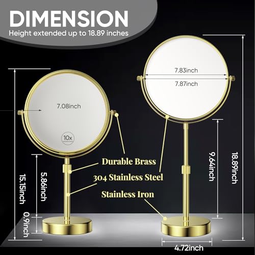 Nicesail 8" Face 10X Tabletop Vanity Mirror, Shiny Gold, Height Adjustable | 15-19" Tall Table Mirror, 1X 10X Magnifying Mirror Double Sided for Makeup &Shaving, Desk Vanity Mirror 360 Rotation Bathroom