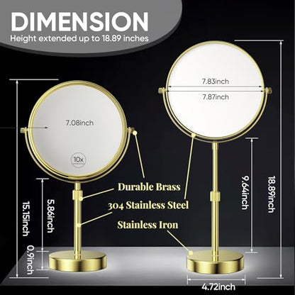 Nicesail 8" Face 10X Tabletop Vanity Mirror, Shiny Gold, Height Adjustable | 15-19" Tall Table Mirror, 1X 10X Magnifying Mirror Double Sided for Makeup &Shaving, Desk Vanity Mirror 360 Rotation Bathroom