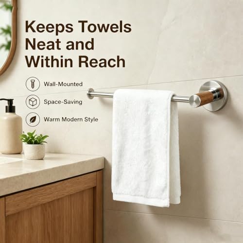 Hand Towel Holder for Bathroom, 9.4'' Wall Mounted Towel Bar, Stainless Steel Towel Rack with Wood Accent, Polish Bathroom Towel Holder for Hand Towels, Kitchen Sink Towel Bar