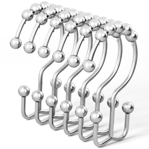 DAWNER Shower Curtain Hooks, Rust Proof Metal Easy Glide Double Rings, Stainless Steel Hangers for Bathroom Curtains, Set of 12, Polished Chrome - color: Chrome