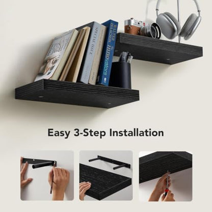 AMADA HOMEFURNISHING Floating Shelves Wall Mounted, 15 x 7 Inch Wall Shelves for Bathroom, Bedroom, Living Room, Black Shelves Set of 2 - color: Black, size: 15 inches