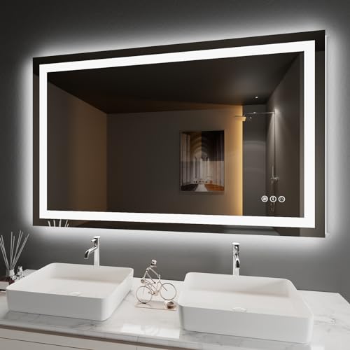 Amorho 50"X32" LED Bathroom Mirror, Front and Backlight | Stepless Dimmable, Anti-Fog, Shatter-Proof, HD Reflection, Memory, 3 Colors Lighting, UL Listed (Horizontal/Vertical). - color: Front and Backlit, size: 32"L x 50"W