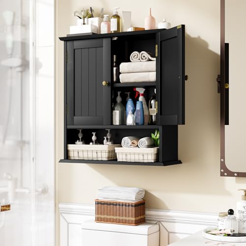 Bathroom Wall Cabinet, Bathroom Cabinet Wall Mount with 2 Doors and Open Shelf, Over The Toilet Wall Storage, Wooden Medicine Cabinets - color: Bathroom Cabinet-black