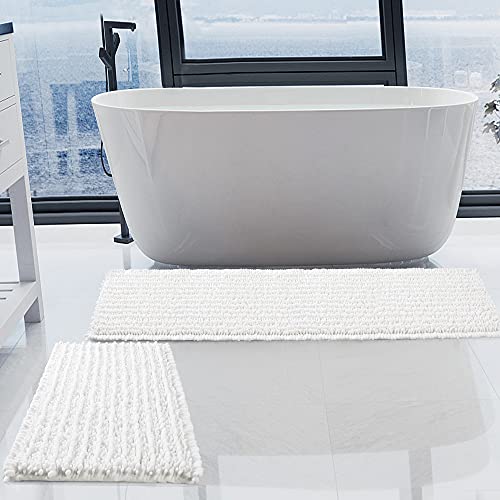 Luxury Chenille White Bathroom Rugs Sets 2 Piece, Thickened Hot Melt Rubber Bottom Bath Mats for Bathroom Non Slip,Bath Rugs Quick Dry Machine Washable for Shower Mat (47"x17"+17"x24") - color: White, size: 47" x 17" Plus 17" x 24"