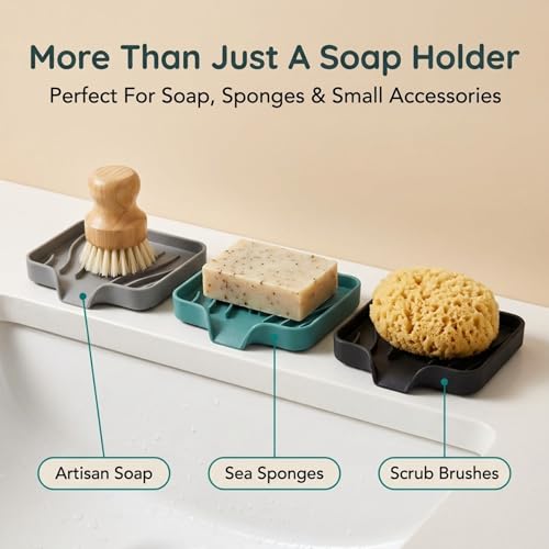 Self Draining Soap Dish with Drain Spout - Bar Soap Holder for Bathroom & Kitchen Sink - Flexible Non-Slip Silicone Soap Holder for Bar Soap, Sponge & Scrubber – 3 Pack - size: 3 Pack