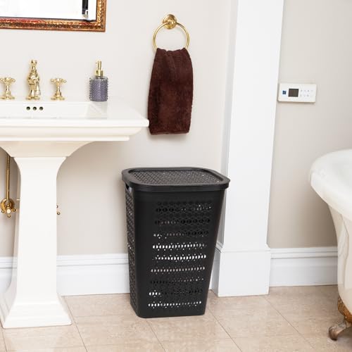Mind Reader Slim Tapered Laundry Hampers with Lid, Clothes Basket with Swiss Cross Cut-Outs, Lightweight & Ventilated, Plastic, Set of 2, Black - color: Black