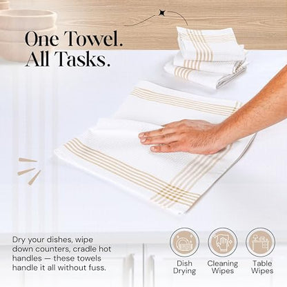 Beige and White Waffle Kitchen Towels 3 Pack, 100% Cotton, 16x26 Inch, Ultra Absorbent, Fast Dry Dish Towels, Reusable Dishcloths for Drying, Cleaning, Kitchen Use - color: Beige, White, style: 3 Pack
