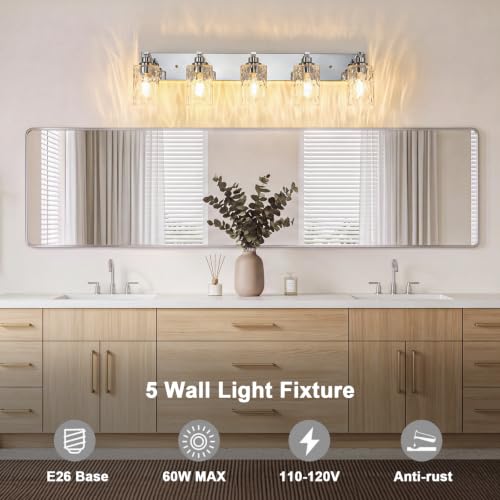 5-Light Bathroom Light Fixtures Modern Chrome Vanity Lights | Easy to Install Clear Hammered Glass Shades, Rippled Glow, Wall Mount Up or Down, E26 Socket, Hardwired, 120V - color: Chrome Hammer, size: 5 Lights