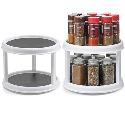 2 Pack, 2 Tier 10" Turntable Lazy Susan Spice Organizer - Rotating Seasoning Rack Spinner for Pantry Cabinet Kitchen Countertop, Table Top Organizing - Multiuse Two Tier Rotating Organization Rack - size: 10 inch - 2 Tier - 2 Pack