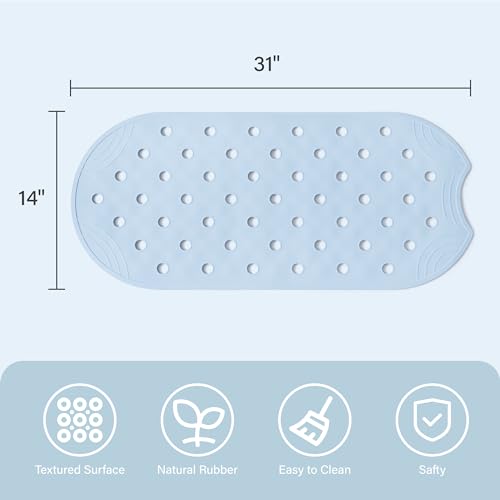 Rubber Bathtub Mat Shower Mat Non-Slip, 31x14 Inch, Bath Tub Floor Mat with Suction Cups and Drainage Holes, Light Blue - color: Light Blue, size: 31" x 14" (Oval)