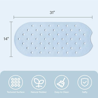 Rubber Bathtub Mat Shower Mat Non-Slip, 31x14 Inch, Bath Tub Floor Mat with Suction Cups and Drainage Holes, Light Blue - color: Light Blue, size: 31" x 14" (Oval)