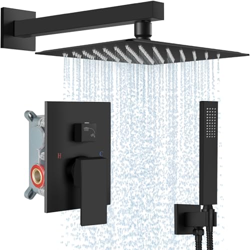 Midanya Shower Faucet Set with Handheld Sprayer,12 Inch,Matte Black | Rough-in Shower Valve and Trim Kit Included,Square Rain Head,Wall Mount Shower System,All Metal,Bathroom - color: Black, size: 12 Inch