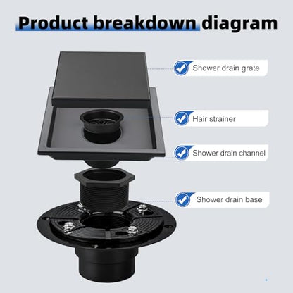 Square Shower Floor Drain with Flange, Shower Drain 6 inch with 2 in 1 Tile-Insert Cover, SUS 304 Stainless Steel, Matte Black - color: Matte Black, size: Ultra flat surface