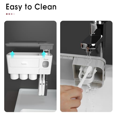 iHave Toothbrush Holders Wall Mounted with Toothpaste Dispenser & 3 Cups | All-in-One Bathroom Organizer: 3 Cups, 6 Slots, Toothpaste Dispenser, Large Tray & Drawer. Wall Mount, No Drilling Required - color: White, size: 3 cup