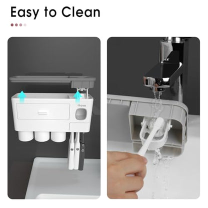 iHave Toothbrush Holders Wall Mounted with Toothpaste Dispenser & 3 Cups | All-in-One Bathroom Organizer: 3 Cups, 6 Slots, Toothpaste Dispenser, Large Tray & Drawer. Wall Mount, No Drilling Required - color: White, size: 3 cup